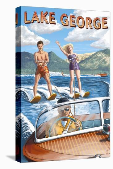 Lake George, New York - Waterskiers and Boat-Lantern Press-Stretched Canvas