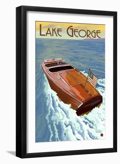 Lake George, New York - Wooden Boat on Lake-Lantern Press-Framed Art Print