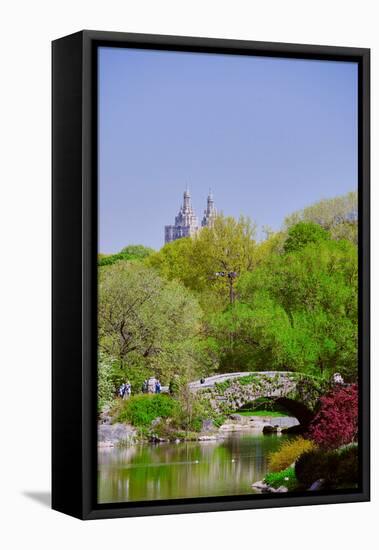 Lake in Central Park in Spring with Dakota Apartments in background, New York City, New York-null-Framed Stretched Canvas