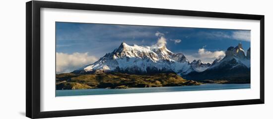 Lake in Front of Mountains, Lake Pehoe, Cuernos Del Paine, Paine Grande, Torres Del Paine Nation...-null-Framed Photographic Print