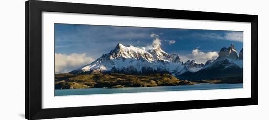 Lake in Front of Mountains, Lake Pehoe, Cuernos Del Paine, Paine Grande, Torres Del Paine Nation...-null-Framed Photographic Print