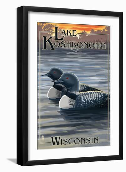 Lake Koshkonong, Wisconsin - Loons-Lantern Press-Framed Art Print