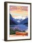 Lake Louise, Canada - Victoria Glacier - Lake Scene & Canoe - Lantern Press Artwork-Lantern Press-Framed Art Print