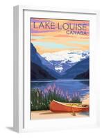 Lake Louise, Canada - Victoria Glacier - Lake Scene & Canoe - Lantern Press Artwork-Lantern Press-Framed Art Print