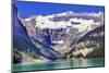 Lake Louise canoes, Leroy Glaciers reflection, Banff National Park, Alberta, Canada-William Perry-Mounted Photographic Print
