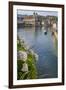 Lake Lucerne, Switzerland. Famous walking bridge and swans in river during the fall season.-Michele Niles-Framed Photographic Print