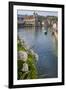 Lake Lucerne, Switzerland. Famous walking bridge and swans in river during the fall season.-Michele Niles-Framed Photographic Print