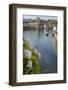 Lake Lucerne, Switzerland. Famous walking bridge and swans in river during the fall season.-Michele Niles-Framed Photographic Print