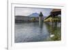 Lake Lucerne, Switzerland. Famous walking bridge and swans in river during the fall season.-Michele Niles-Framed Photographic Print