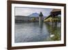 Lake Lucerne, Switzerland. Famous walking bridge and swans in river during the fall season.-Michele Niles-Framed Photographic Print
