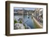 Lake Lucerne, Switzerland. Famous walking bridge and swans in river during the fall season.-Michele Niles-Framed Photographic Print