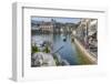 Lake Lucerne, Switzerland. Famous walking bridge and swans in river during the fall season.-Michele Niles-Framed Photographic Print