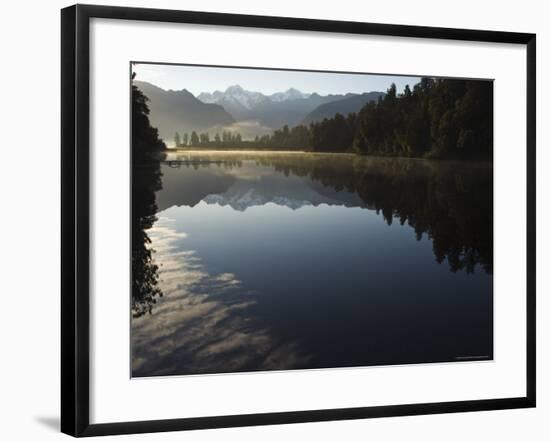 Lake Matheson in the Evening Reflecting Mount Tasman and Aoraki, South Island, New Zealand-Christian Kober-Framed Photographic Print