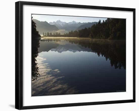 Lake Matheson in the Evening Reflecting Mount Tasman and Aoraki, South Island, New Zealand-Christian Kober-Framed Photographic Print