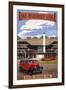 Lake McDonald Lodge and Red Jammers - Glacier National Park, Montana-Lantern Press-Framed Art Print