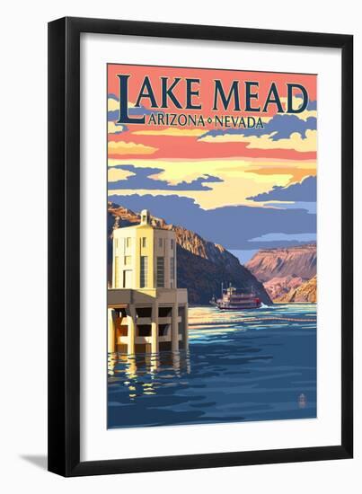 Lake Mead, Nevada / Arizona - Paddleboat and Hoover Dam-Lantern Press-Framed Art Print