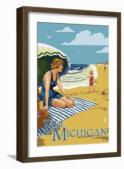 Lake Michigan - Beach Scene-Lantern Press-Framed Art Print