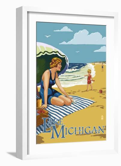 Lake Michigan - Beach Scene-Lantern Press-Framed Art Print