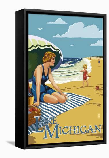 Lake Michigan - Beach Scene-Lantern Press-Framed Stretched Canvas