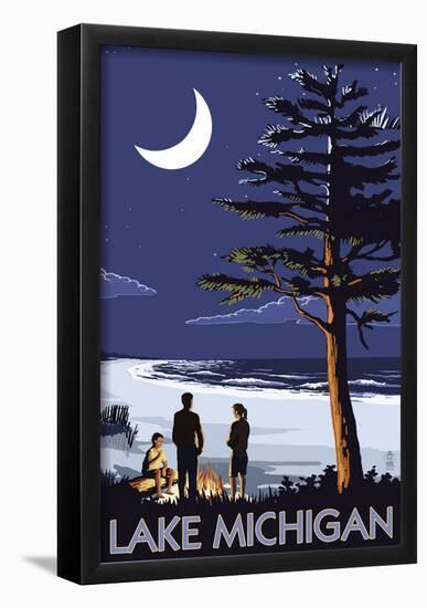 Lake Michigan - Bonfire At Night Scene-null-Framed Poster