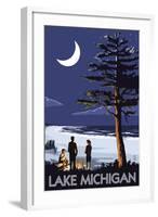 Lake Michigan - Bonfire at Night Scene-Lantern Press-Framed Art Print