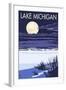 Lake Michigan - Full Moon Night Scene-Lantern Press-Framed Art Print