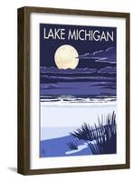 Lake Michigan - Full Moon Night Scene-Lantern Press-Framed Art Print