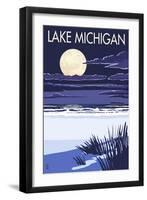 Lake Michigan - Full Moon Night Scene-Lantern Press-Framed Art Print