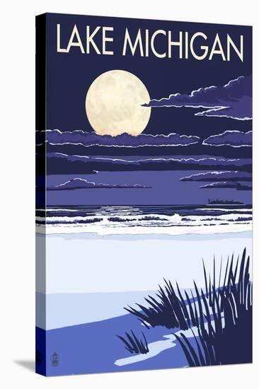 Lake Michigan - Full Moon Night Scene-Lantern Press-Stretched Canvas