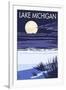 Lake Michigan - Full Moon Night Scene-Lantern Press-Framed Art Print