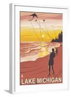 Lake Michigan - Sunset Kite Flyers-Lantern Press-Framed Art Print