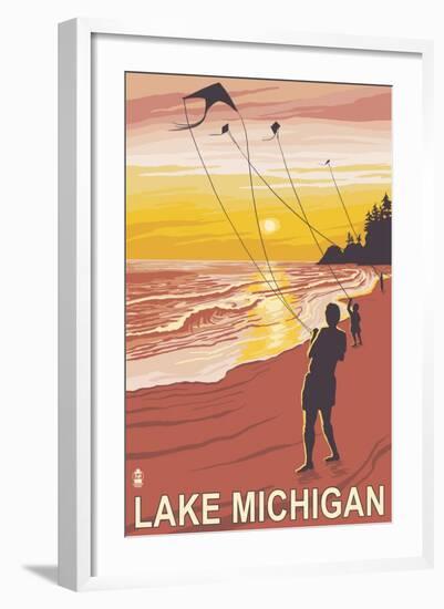 Lake Michigan - Sunset Kite Flyers-Lantern Press-Framed Art Print