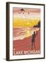 Lake Michigan - Sunset Kite Flyers-Lantern Press-Framed Art Print