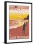 Lake Michigan - Sunset Kite Flyers-Lantern Press-Framed Art Print