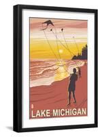 Lake Michigan - Sunset Kite Flyers-Lantern Press-Framed Art Print