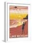 Lake Michigan - Sunset Kite Flyers-Lantern Press-Framed Art Print