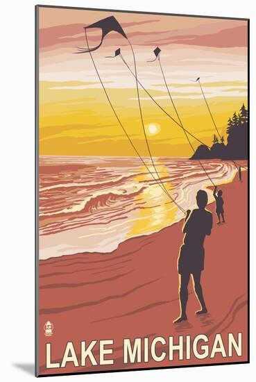 Lake Michigan - Sunset Kite Flyers-Lantern Press-Mounted Art Print