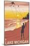 Lake Michigan - Sunset Kite Flyers-Lantern Press-Mounted Art Print