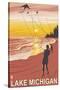 Lake Michigan - Sunset Kite Flyers-Lantern Press-Stretched Canvas