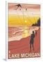 Lake Michigan - Sunset Kite Flyers-Lantern Press-Framed Premium Giclee Print