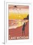 Lake Michigan - Sunset Kite Flyers-Lantern Press-Framed Art Print