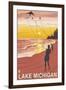 Lake Michigan - Sunset Kite Flyers-Lantern Press-Framed Art Print