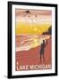 Lake Michigan - Sunset Kite Flyers-Lantern Press-Framed Art Print