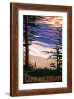 Lake Michigan - Sunset on Beach-Lantern Press-Framed Art Print