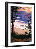 Lake Michigan - Sunset on Beach-Lantern Press-Framed Art Print