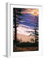 Lake Michigan - Sunset on Beach-Lantern Press-Framed Art Print