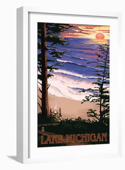 Lake Michigan - Sunset on Beach-Lantern Press-Framed Art Print