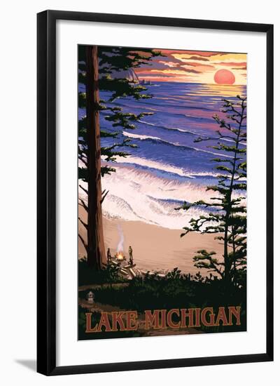 Lake Michigan - Sunset on Beach-Lantern Press-Framed Art Print