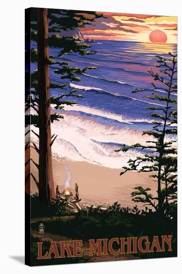 Lake Michigan - Sunset on Beach-Lantern Press-Stretched Canvas