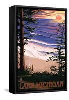 Lake Michigan - Sunset on Beach-Lantern Press-Framed Stretched Canvas